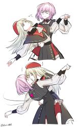 2girls absurdres amoris_(bang_dream!) ascot bang_dream! bang_dream!_it&#039;s_mygo!!!!! beret black_capelet blush capelet chinese_commentary commentary_request dancing dip_(dance_move) garter_straps green_brooch green_hair hat hero45439083942 highres imminent_kiss kiss long_hair mortis_(bang_dream!) multiple_girls purple_hair red_hat role_reversal short_hair simple_background sparkle surprise_kiss surprised wakaba_mutsumi white_ascot white_background yellow_eyes yuri yuutenji_nyamu