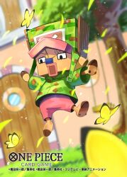 1boy antlers blue_nose bug butterfly commentary_request copyright_name eyelashes full_body green_hood hat hood horns insect jumping looking_to_the_side male_focus muraicchi_(momocchi) official_art one_piece one_piece_card_game open_mouth pink_shorts reindeer_antlers shorts solo tony_tony_chopper yellow_butterfly