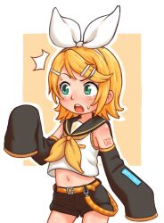 1girl ^^^ absurdres aqua_eyes beachepisode belt black_sailor_collar black_shorts blonde_hair blush border bow contrapposto cowboy_shot detached_sleeves hair_bow hair_ornament hairband hairclip highres kagamine_rin lace lace-trimmed_shirt lace_trim looking_to_the_side medium_hair midriff navel neckerchief number_tattoo open_mouth orange_belt outline outside_border raised_eyebrow sailor_collar shirt short_shorts shorts shoulder_tattoo sidelocks simple_background sleeveless sleeveless_shirt sleeves_past_fingers sleeves_past_wrists solo straight_hair sweat tattoo teeth two-tone_belt upper_teeth_only vocaloid white_border white_bow white_hairband white_outline white_shirt yellow_background yellow_belt yellow_neckerchief