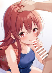 1boy 1girl ahoge bag bar_censor blue_one-piece_swimsuit breasts censored clothed_male_nude_female collarbone covered_navel crossed_bangs erection frozenpile hand_on_another&#039;s_head handjob highres idolmaster idolmaster_shiny_colors komiya_kaho long_hair male_pubic_hair nude one-piece_swimsuit parted_lips penis pubic_hair red_eyes red_hair sidelocks small_breasts swimsuit