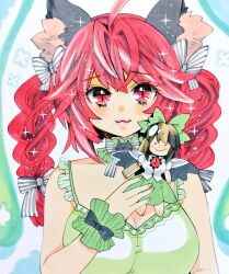 1girl :3 alternate_costume animal_ear_fluff animal_ears bow braid breasts cat_ears cat_girl cleavage closed_mouth doll hair_bow kaenbyou_rin looking_at_viewer matsuppoi red_eyes red_hair reiuji_utsuho shikishi side_braids solo striped_bow touhou traditional_media twin_braids upper_body wrist_cuffs