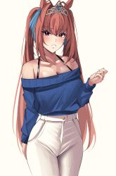 1girl absurdres animal_ears breasts brown_hair cleavage daiwa_scarlet_(umamusume) highres horse_ears horse_girl long_hair looking_at_viewer medium_breasts solo tf_cafe tiara twintails umamusume