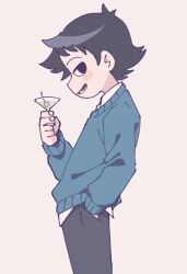 1boy black_hair black_pants blue_sweater cocktail_glass cup drinking_glass from_side hand_in_pocket highres holding holding_cup jitome long_sleeves male_focus mameo_(mameo6416) martini official_style open_mouth pants profile scott_pilgrim_(series) scott_pilgrim_takes_off short_hair solo standing sweater wallace_wells