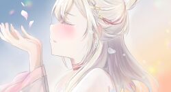 Rule 34 | 1girl, bare shoulders, ceras yanagida lilienfeld, closed eyes, commentary request, crying, earrings, flower earrings, grey hair, hair tubes, half updo, highres, jewelry, link! like! love live!, long hair, long sleeves, love live!, object floating above hand, official alternate costume, official alternate hairstyle, parted lips, petals, pink petals, portrait, profile, sideways mouth, solo, tears, tenchi reimei, tikuwa l, virtual youtuber