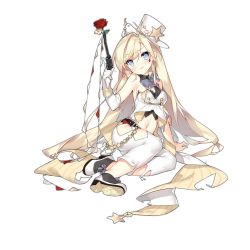 1girl arm_support belt blonde_hair blue_eyes colt_revolver_(girls&#039;_frontline) colt_revolver_(queen_of_miracles)_(girls&#039;_frontline) elbow_gloves female_focus flower full_body girls&#039;_frontline gloves gun handgun hat long_hair looking_at_viewer midriff navel official_alternate_costume official_art parted_lips pistol revolver rose saru smile solo top_hat torn_clothes transparent_background trigger_discipline weapon