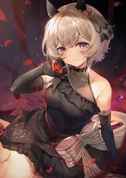 1girl black_dress black_gloves blush commentary_request curren_chan_(sakutsuki_ma_cherie)_(umamusume) curren_chan_(umamusume) dress elbow_gloves gloves grey_hair hair_between_eyes highres horse_girl kita_(kitairoha) lace looking_at_viewer petals purple_eyes rose_petals short_hair smile solo string string_of_fate umamusume