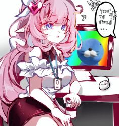Rule 34 | 1girl, alternate costume, anger vein, black skirt, blue eyes, breasts, commentary, computer mouse, cup, dduehddueh, desk, disposable cup, elf, elysia (honkai impact), english text, hair ornament, holding, holding cup, honkai (series), honkai impact 3rd, id card, long hair, monitor, office lady, pencil, pink hair, pointy ears, shirt, skirt, speech bubble, spoken anger vein, very long hair, white shirt