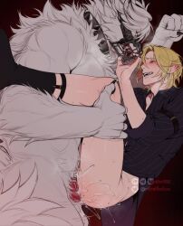2boys absurdres anal arm_belt arm_up belt black_belt black_nails black_shirt black_socks blonde_hair blush bottomless collared_shirt colored_eyelashes commentary completely_nude cum cum_overflow curtained_hair ejaculation english_commentary eye_contact fangs fingernails furry furry_male girthy_penis hand_on_another&#039;s_leg highres hugo_vlad interspecies legwear_garter looking_at_another male_focus male_penetrated multiple_boys muscular muscular_male muzzle_(mask) nude open_collar open_mouth patreon_username penis pinstripe_pattern pinstripe_shirt pointy_ears red_eyes red_penis riffraffhellyea sex sharp_fingernails sharp_teeth shirt socks teeth tongue tongue_out twitter_username veins veiny_penis von_lycaon white_fur wing_collar wolf_boy yaoi zenless_zone_zero