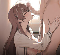 1boy 1girl after_fellatio ahoge breasts brown_hair censored closed_eyes clothed_female_nude_male commentary commission cum cum_on_body cum_on_breasts cum_on_hair cum_on_penis cum_on_upper_body english_commentary erection facial from_side hands_on_another&#039;s_thighs hetero highres large_breasts long_hair long_sleeves mosaic_censoring nipples nude open_clothes open_mouth open_shirt original penis saliva saliva_trail shirt sweat testicles tongue tongue_out twin_(tt_lsh) white_shirt