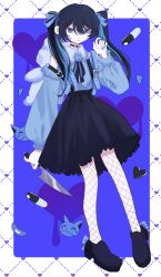 1girl absurdres ado_(utaite) black_choker black_hair black_shoes black_skirt blue_background blue_eyes blue_hair blue_nails blue_shirt chando_(ado) choker closed_mouth clothing_cutout commentary darling_dance_(vocaloid) fishnet_pantyhose fishnets hand_up hashtag-only_commentary highres holding holding_knife jirai_kei knife long_hair long_sleeves mole mole_under_eye nail_polish o-ring o-ring_choker pantyhose phossscinnn shirt shoes shoulder_cutout skirt solo twintails utaite