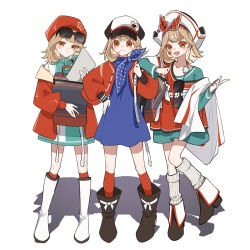 3girls :/ :d ankle_boots aqua_dress arm_on_another&#039;s_shoulder backpack bag beret bicorne blue_dress blue_neckerchief boots bow bow_hairband brown_footwear brown_hair newsboy_cap dress eyewear_hang eyewear_on_head facial_mark fold-over_boots green_shirt grey_bag hairband hand_on_own_hip hand_up hat highres holding holding_bag jacket knee_boots kneehighs leg_up looking_at_viewer loose_socks medium_hair multiple_girls multiple_persona neckerchief off_shoulder open_mouth orange_eyes oversized_clothes oversized_shirt para_(para_mi0103) plaid_bow polka_dot_neckerchief red_bow red_hat red_jacket red_socks red_vest regulus_(reverse:1999) regulus_(the_fierce_fan)_(reverse:1999) reverse:1999 shadow shawl shirt short_dress smile socks standing standing_on_one_leg star_(symbol) star_facial_mark sunglasses unworn_eyewear vest white_background white_footwear white_hat white_shawl white_socks