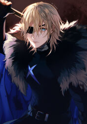Rule 34 | 1boy, absurdres, arm up, armor, belt, belt buckle, black armor, black belt, black fur, blonde hair, blue cape, blue eyes, breastplate, buckle, cape, closed mouth, commentary request, cowboy shot, dimitri alexandre blaiddyd, dimitri alexandre blaiddyd (timeskip), eyepatch, fire emblem, fire emblem: three houses, fur trim, hair behind ear, highres, holding, holding weapon, looking to the side, male focus, nintendo, oas, one eye covered, sideways glance, solo, weapon, white fur