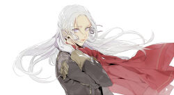 1girl capelet closed_mouth commentary_request edelgard_von_hresvelg fire_emblem fire_emblem:_three_houses garreg_mach_monastery_uniform gloves hair_floating_upwards hair_ribbon highres leaning_to_the_side long_hair long_sleeves looking_at_viewer looking_to_the_side mizuno_(iori-amu) nintendo parted_bangs pink_lips purple_eyes purple_ribbon red_capelet ribbon simple_background solo standing upper_body white_background white_gloves white_hair wind