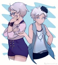 2girls belt black_flower blue_eyes blue_jacket bracelet brooch buttons closed_mouth commentary cropped_legs dual_persona flower glasses grey_belt hair_flower hair_ornament hand_on_own_face high-waist_shorts highres jacket jewelry kyokugen_dasshutsu kyokugen_dasshutsu_adv:_zennin_shibou_desu multiple_girls nail_polish necklace open_clothes open_jacket peartourmaline phi_(kyokugen_dasshutsu) purple_shorts shirt short_hair shorts sleeveless sleeveless_jacket sleeveless_shirt very_short_hair white_hair white_shirt zero_escape:_toki_no_dilemma