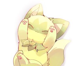 :3 blush closed_eyes closed_mouth commentary highres nintendo no_humans pokemon pokemon_(creature) simple_background smile solo sprigatito stretching white_background yupo_0322