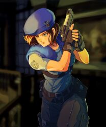 Rule 34 | 1girl, beret, beretta 92, black gloves, blue eyes, blue hat, blue shirt, brown hair, drawrenja, fingerless gloves, gloves, gun, handgun, hat, highres, holding, holding gun, holding weapon, jill valentine, pants, resident evil, resident evil 1, shirt, shoulder pads, weapon