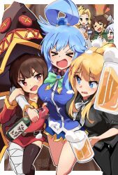 Rule 34 | &gt; &lt;, 1boy, 5girls, absurdres, alcohol, aqua (konosuba), arm around neck, asymmetrical legwear, bandaged leg, bandages, beer, beer mug, belt, black belt, black cloak, black headwear, black pants, black shirt, black thighhighs, blonde hair, blouse, blue hair, blue shirt, blue sky, bottle, bow, bowtie, brooch, brown hair, capelet, chris (konosuba), cloak, closed eyes, commentary, cropped legs, cup, darkness (konosuba), dress, drunk, frown, green bow, green bowtie, green capelet, grey hair, hair ornament, hair rings, hat, highres, holding, holding bottle, holding cup, jewelry, kono subarashii sekai ni shukufuku wo!, long hair, long sleeves, looking at another, luna (konosuba), megumin, microskirt, mismatched legwear, mug, multiple girls, neck ribbon, notice lines, open mouth, outline, pants, pleated skirt, ponytail, red eyes, ribbon, rokochandayo, satou kazuma, shirt, short dress, short hair, single hair ring, skirt, sky, smile, standing, sweatdrop, thighhighs, white outline, white ribbon, witch hat
