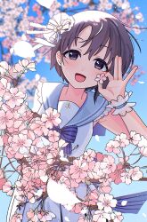 1girl blue_sky blush bow bowtie branch cherry_blossoms day dress grey_eyes grey_hair hair_ornament highres idolmaster idolmaster_cinderella_girls looking_at_viewer lvetica open_mouth otokura_yuuki outdoors sailor_dress short_hair sky smile solo spring_(season) white_dress wrist_cuffs