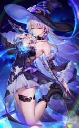 1girl alternate_breast_size bare_legs bare_shoulders black_boots black_dress boots breasts brown_hair chinese_commentary closed_eyes commentary_request dress hat herta_(honkai:_star_rail) highres holding holding_staff honkai:_star_rail honkai_(series) jewelry key key_necklace legs lightria long_hair medium_breasts necklace sky solo staff star_(sky) starry_sky strapless strapless_dress the_herta_(honkai:_star_rail) twitter_username witch_hat