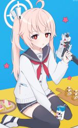 1girl absurdres blue_archive cake commentary_request drinking_straw food gun hair_between_eyes hair_ornament halo highres holding holding_gun holding_weapon long_hair long_sleeves looking_at_viewer milk_carton natsu_(blue_archive) paralier parted_lips pink_hair pleated_skirt red_eyes school_uniform serafuku side_ponytail sidelocks sitting skirt solo sparkling_eyes submachine_gun swiss_roll two-tone_background wariza weapon