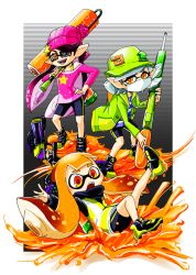 +_+ 3girls agent_3_(splatoon) baseball_cap beanie bike_shorts brown_eyes callie_(agent_1_casual)_(splatoon) callie_(splatoon) container falling fangs grey_hair gun hand_on_own_hip hat hat_ornament ink_tank_(splatoon) inkling inkling_girl inkling_player_character jacket long_hair long_sleeves looking_at_viewer marie_(agent_2_casual)_(splatoon) marie_(splatoon) mask mouth_mask multiple_girls nintendo open_mouth orange_hair oversized_object paint_roller paint_splatter pointy_ears rifle sayoyonsayoyo shirt shoes short_hair single_vertical_stripe smile sniper_rifle splat_charger_(splatoon) splat_roller_(splatoon) splatoon_(series) splatoon_1 squid squidbeak_splatoon standing star_(symbol) striped sunglasses tentacle_hair vest weapon