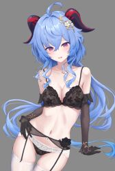 1girl ahoge bare_shoulders black_bra black_gloves black_panties black_sleeves blue_hair blush bow bow_bra bra breasts cleavage commentary detached_sleeves full-face_blush ganyu_(genshin_impact) ganyu_(twilight_blossom)_(genshin_impact) garter_belt garter_straps genshin_impact gloves gluteal_fold grey_background hair_ornament horns lace lace_bra lace_panties long_hair looking_at_viewer low_ponytail medium_breasts navel panties ponytail purple_eyes sidelocks solo sweatdrop thighhighs thighs tu_(to_sse) underwear underwear_only white_thighhighs