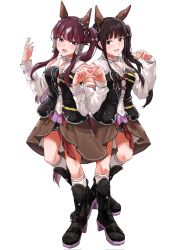 2girls 7z0hlkkwvumi7vs animal_ears black_hair boots breasts brown_hair commentary_request detached_sleeves full_body hair_between_eyes hair_ornament heart heart_hands highres horse_ears horse_girl long_hair looking_at_viewer lucky_lilac_(umamusume) medium_breasts multiple_girls purple_eyes side_ponytail simple_background standing umamusume voice_actor white_background