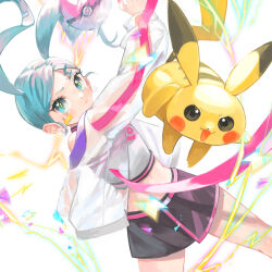 1girl 58_(scbaby) absurdres bandaid black_skirt blue_hair closed_mouth electricity gen_1_pokemon hatsune_miku heal_ball highres lightning_bolt-shaped_pupils looking_at_viewer midriff nintendo open_mouth pikachu poke_ball pokemon pokemon_(creature) shirt skirt symbol-shaped_pupils throwing twintails vocaloid volt_tackle_(vocaloid) white_background white_shirt