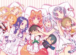 5girls ahoge amaki_ren animal_ears atla_fayon biting_stuffed_toy blonde_hair blue_ribbon blunt_bangs character_doll closed_eyes closed_mouth commentary_request cowboy_shot doll dress filo_(tate_no_yuusha_no_nariagari) forehead green_ribbon grey_eyes grey_hair hand_up holding holding_needle holding_stuffed_toy hugging_doll hugging_object iwatani_naofumi kawasumi_itsuki kitamura_motoyasu light_blush long_hair looking_at_object lying melty_q_melromarc minami_seira multicolored_hair multiple_girls needle on_back on_bed open_mouth orange_hair pillow purple_eyes purple_hair purple_ribbon raccoon_ears raccoon_girl raccoon_tail raphtalia red_eyes red_ribbon ribbon ribbon-trimmed_dress ribbon_trim s&#039;yne_lokk sharp_teeth sleeping smile streaked_hair stuffed_toy tail tate_no_yuusha_no_nariagari teeth twitter_username upper_body upper_teeth_only white_dress white_hair