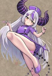 Rule 34 | 1girl, absurdres, belt, black belt, black nails, blush, commentary, demon girl, demon horns, demon tail, dress, elementary (lolipope), english commentary, grey hair, hair ornament, hairclip, hat, highres, holding, holding syringe, hololive, horns, id card, la+ darknesss, long hair, looking at viewer, multicolored hair, nail polish, nurse, nurse cap, panties, pink panties, pointy ears, purple dress, purple hair, smile, solo, streaked hair, syringe, tail, underwear, virtual youtuber, yellow eyes