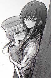 2girls black_hair hat heaven_burns_red highres kabedon kulfiq long_hair maruyama_kanata monochrome multiple_girls shirt short_hair sidelocks suspenders yanagi_mion yuri