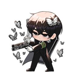 1boy :| animal_print armband black_butterfly black_eyes black_hair black_necktie black_suit bug butterfly butterfly_hair_ornament chibi chibi_only closed_mouth coffin collared_shirt crossed_bangs double-parted_bangs dress_shoes dual_wielding e.g.o_(project_moon) formal_clothes full_body gloves green_armband gun hair_ornament holding holding_gun holding_weapon insect limbus_company male_focus necktie project_moon salgaoli83428 shirt short_hair solemn_lament_(e.g.o) solo suit too_many too_many_butterflies weapon white_background white_butterfly white_gloves white_shirt yi_sang_(project_moon)