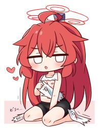 1girl :o ahoge bare_arms bare_shoulders bike_shorts blank_eyes blue_archive blush commentary_request full_body halo hana_kazari heart highres jitome long_hair looking_at_viewer maki_(blue_archive) navel nipples open_mouth red_hair red_halo shirt simple_background sitting sleeveless sleeveless_shirt solo torn_clothes torn_shirt twitter_cutting_game white_background white_shirt