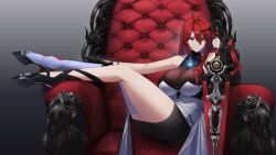 1girl ahoge armchair black_skirt blue_fire breasts chair cykozu elizabeth_rose_bloodflame elizabeth_rose_bloodflame_(1st_costume) fire fire_on_chest hashtag-only_commentary high_heels highres holding holding_sword holding_weapon hololive hololive_english huge_ahoge huge_breasts long_hair red_eyes red_hair single_thighhigh sitting skirt solo sword thighhighs thorn_(elizabeth_rose_bloodflame) virtual_youtuber weapon white_thighhighs