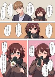 1boy 1girl absurdres black_scarf blush brown_eyes brown_hair comic eating ehoumaki closed_eyes food highres holding holding_food long_sleeves makizushi nori_(seaweed) open_mouth original scarf senshiya setsubun sexually_suggestive speech_bubble sushi sweatdrop thought_bubble translation_request