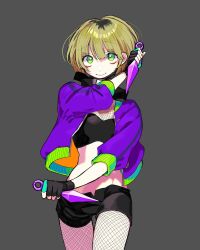 1girl aegyo_sal black_gloves black_hair black_shorts blonde_hair breasts closed_mouth commentary_request fingerless_gloves fishnet_pantyhose fishnets gloves green_eyes grey_background groin hair_between_eyes highres holding holding_kunai holding_weapon jacket kunai looking_up medium_breasts multicolored_hair open_clothes open_fly open_jacket original pantyhose purple_jacket roots_(hair) short_hair shorts simple_background smile solo three-quarter_sleeves two-tone_hair weapon yoshioka_suke
