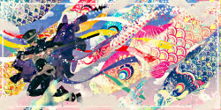 1boy abstract bad_id bad_pixiv_id cape devil_summoner_(series) fish hat highres kite kuzunoha_raidou male_focus robin7188 solo surreal sword weapon