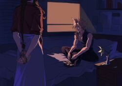 Rule 34 | 1boy, 1girl, aerith gainsborough, arms behind back, ashtray, bare arms, bare shoulders, bedroom, black pants, black vest, blanket, blonde hair, book, braid, braided ponytail, brown hair, cigarette, cloud strife, cropped jacket, dress, final fantasy, final fantasy vii, final fantasy vii advent children, final fantasy vii rebirth, final fantasy vii remake, flower, highres, holding, holding cigarette, indoors, jacket, lily (flower), long dress, long hair, on bed, pants, pillow, pink dress, popped collar, red jacket, sharp teeth, short hair, short sleeves, sidelocks, single braid, sitting, teeth, vest, window, xiojio293506, yellow flower