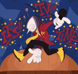 1boy ant_tenna aoaltthing black_pants commentary deltarune english_commentary english_text full_body gloves holding holding_microphone jacket male_focus microphone necktie object_head pants red_jacket shirt shoes solo sonic_(series) sonic_adventure sonic_adventure_pose television white_gloves white_shirt yellow_necktie yellow_shoes