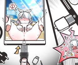 ! !! !? &gt;_&lt; 1girl 2koma anus arona_(blue_archive) ass bar_censor blue_archive blue_hair blush bow breasts cellphone censored colored_inner_hair comic completely_nude desk disembodied_hand embarrassed full-face_blush hair_bow hair_over_one_eye halo highres imminent_penetration loli looking_at_viewer lying multicolored_hair navel nude on_back on_desk phone pink_hair pussy school_desk shoeguy short_hair small_breasts smartphone solo spoken_character spoken_no_symbol spoken_x spoken_yield_sign spread_legs stomach sweat thighs usb white_bow