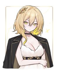 1girl absurdres aglaea_(honkai:_star_rail) alternate_costume black_choker black_jacket blonde_hair breasts choker cleavage closed_mouth commentary cropped_torso dress green_eyes highres honkai:_star_rail honkai_(series) jacket jacket_on_shoulders large_breasts laurel_crown looking_at_viewer miclipse short_hair simple_background solo white_dress