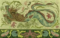 Rule 34 | 1girl, black hair, border, coral, crown, dark-skinned female, dark skin, fins, flat chest, flower, gem, green theme, head fins, highres, holding, holding vase, mermaid, monster girl, nipples, nude, ornate border, pearl (gemstone), plant, seaweed, sethpuertoluna, solo, south-east asian clothes, starfish, webbed hands