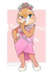 1girl alternate_costume blue_eyes chipmunk_ears chipmunk_girl clarice_(disney) dress eyelashes full_body furry furry_female hair_ornament highres looking_at_viewer mickey_mouse_&amp;_friends pink_dress smile solo strapless strapless_dress takatmaorange tiara