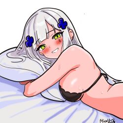 1girl bed_sheet black_bra blush bra breasts cross_hair_ornament facial_mark girls&#039;_frontline girls&#039;_frontline_2:_exilium green_eyes grey_hair hair_ornament highres hk416_(girls&#039;_frontline) hugging_object klukai_(girls&#039;_frontline_2) long_hair looking_at_viewer lying medium_breasts on_bed on_stomach papacat pillow pillow_hug smile solo sweat tattoo teardrop teardrop_tattoo underwear