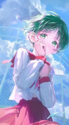 1girl chain-link_fence closed_mouth clothes_lift cloud day feet female_focus fence green_eyes green_hair holding long_sleeves looking_at_viewer multi_(to_heart) outdoors ppru_illust red_skirt school_uniform serafuku shirt short_hair skirt skirt_lift sky solo to_heart to_heart_(series) white_shirt