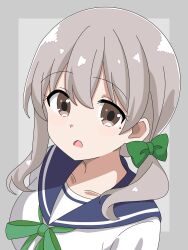 1girl blue_sailor_collar bow breasts chikadaioshi collarbone dot_nose feet_out_of_frame female_focus grey_eyes grey_hair hair_between_eyes hair_bow koisuru_asteroid large_breasts looking_at_viewer mole mole_under_eye morino_mari open_mouth sailor_collar school_uniform serafuku simple_background solo standing