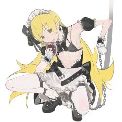 1girl absurdres apron belt bikini black_belt black_bikini black_shoes blonde_hair blush detached_sleeves donut fang flat_chest flipped_hair food full_body gloves hair_flaps head_tilt highres holding holding_donut holding_food long_hair looking_at_viewer maid maid_apron maid_bikini maid_headdress monogatari_(series) open_mouth oshino_shinobu pointy_ears puffy_short_sleeves puffy_sleeves shishirui_san shoes short_sleeves simple_background skin_fang solo squatting swimsuit thighhighs unconventional_maid waist_apron white_apron white_background white_gloves white_thighhighs wrist_cuffs yellow_eyes