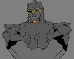 1girl between_breasts between_legs bodypaint bouncing_breasts braid braided_ponytail breasts breasts_out breasts_squeezed_together curvy dark-skinned_female dark_skin dolores_(kof) dress erection female_focus glasses gold grabbing_own_breast hands_on_own_chest huge_breasts jewelry jiggle large_breasts long_hair looking_at_viewer nipples open_clothes paizuri pov round_eyewear shaking spread_legs the_king_of_fighters the_king_of_fighters_xv thick_lips thick_thighs thighs wet white_hair