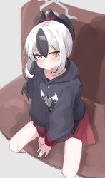1girl absurdres black_choker black_hair black_hoodie blue_archive blush choker collarbone demon_horns grey_halo hair_between_eyes halo highres hood hood_down hoodie horns kayoko_(blue_archive) long_hair looking_at_viewer mole mole_on_collarbone multicolored_hair pleated_skirt red_eyes red_skirt seulraimbbang sitting skirt solo two-tone_hair white_hair