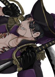 1boy black_hair chest_tattoo epaulettes eyepatch facial_hair gloves goatee grin hat highres majima_goro male_focus pirate_hat ryuu_ga_gotoku_(series) smile sword tattoo undercut wasadi weapon white_background yellow_eyes